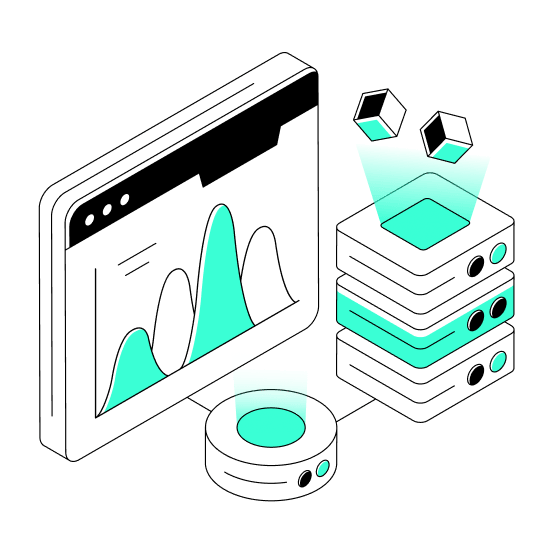 Stylized illustration showing computer screen with graph, servers emitting cubes, and sensor device representing data processing and analytics.