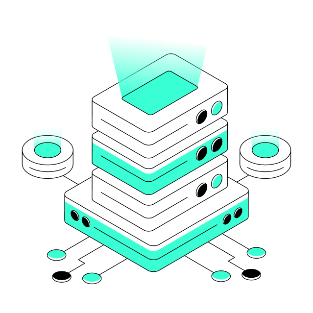 Stylized illustration of stacked server devices with turquoise highlights, symbolizing modern data storage and cloud computing.